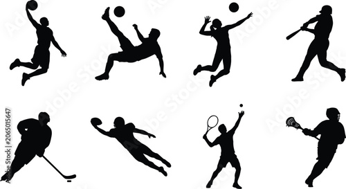 Photography Team sports and athletic games vector silhouettes set featuring basketball socce