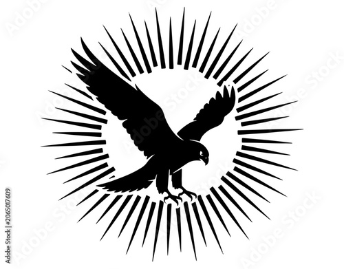 Flying eagle silhouette against sunburst rays element, hawk or falcon diving vector logo design, black predator bird symbol isolated on white background