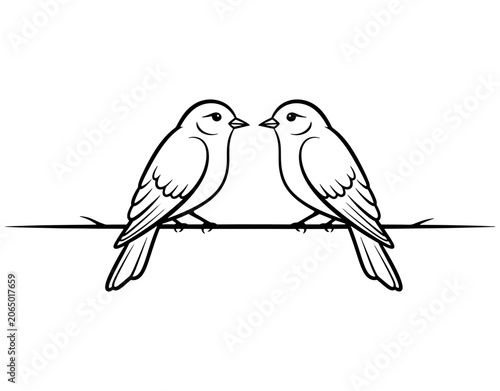 Two cute birds sitting on a tree branch facing each other line art illustration minimal sparrow sketch black and white outline vector design