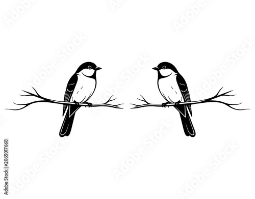 Two cute birds sitting on a tree branch illustration, couple of colorful abstract birds design, nature and wildlife vector artwork isolated on white background