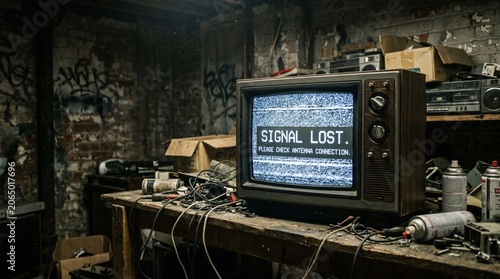 Vintage CRT television displaying signal lost message in a dark cluttered basement workshop with graffiti walls and old electronics