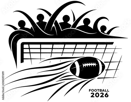 American football ball flying into goal net with cheering crowd silhouette, sports tournament match emblem, vector illustration isolated on white background