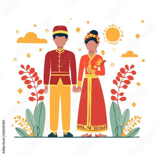 Couple in Traditional Outfits Holding Hands with Decorative Elements