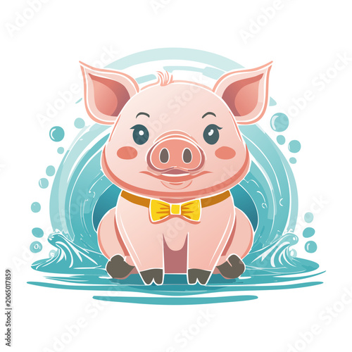 Cute cartoon pig with bow tie in water