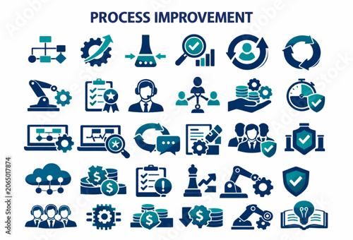 Process Improvement Icons Set Collection Featuring Workflow Optimization Quality Management Efficiency Analysis and Continuous Enhancement Symbols