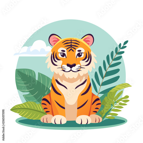 Cute tiger cub in jungle illustration