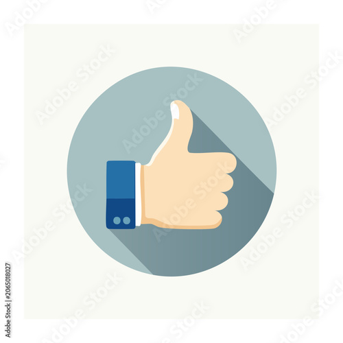 Flat design thumbs up hand icon on light blue circle