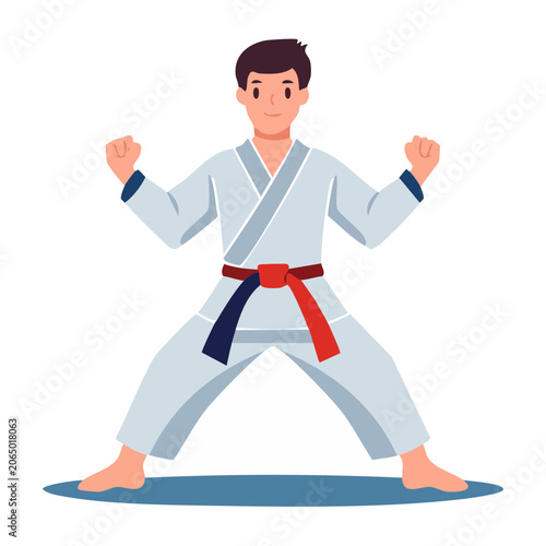 Karate fighter in fighting stance, flat vector illustration