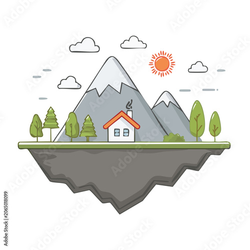 Isometric mountain landscape with house and trees