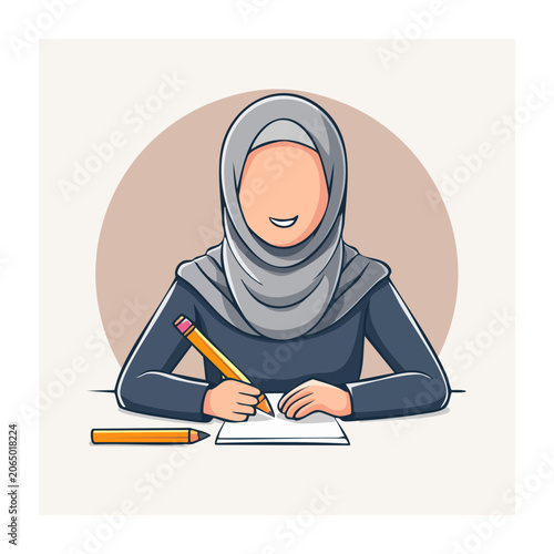 Woman in hijab writing with pencil at desk