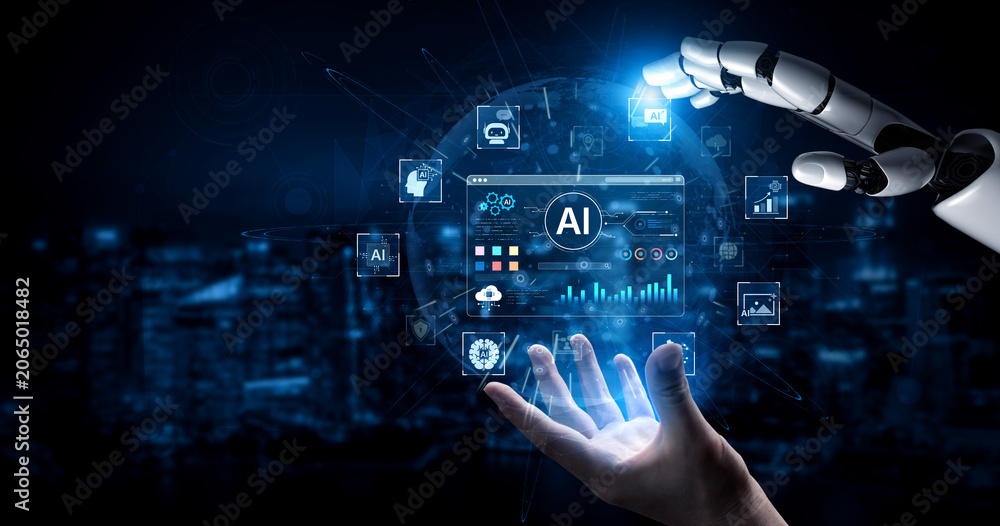 Fototapeta premium An advanced AI assistant demonstrates its own generative platform. The interface shows how this smart technology can create various forms of digital content and automate tasks. Fermion