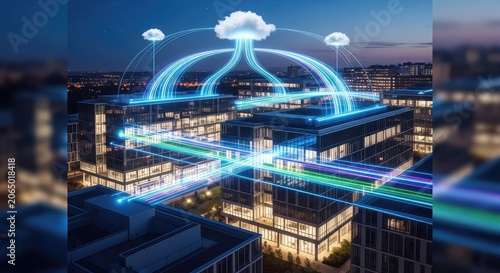Glowing data streams connect modern glass buildings on a smart campus at night, showcasing advanced IoT networking and digital technology, architecture, cloud, electronic