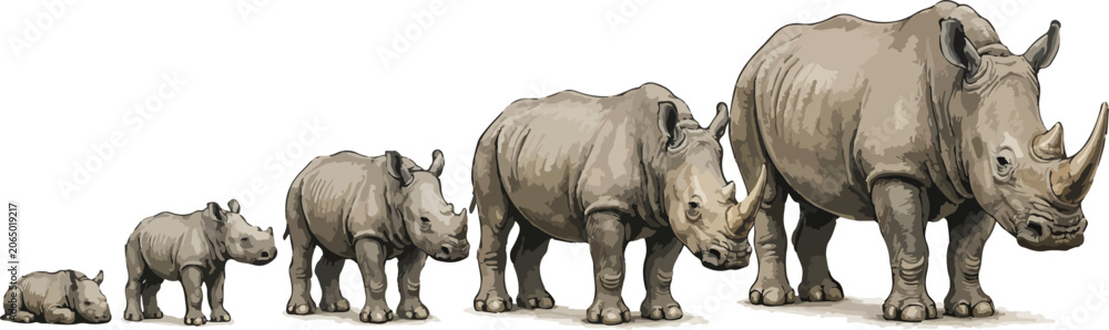 Fototapeta premium Life stages of white rhinoceros (Ceratotherium simum) from newborn calf to adult. Educational wildlife growth chart in realistic cartoon style with detailed anatomy, isolated on white background