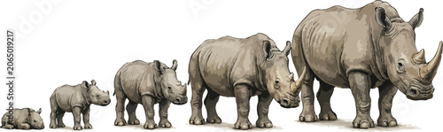 Life stages of white rhinoceros (Ceratotherium simum) from newborn calf to adult. Educational wildlife growth chart in realistic cartoon style with detailed anatomy, isolated on white background
