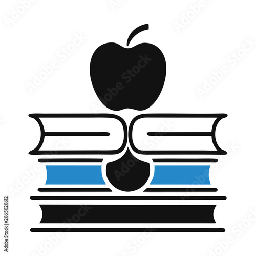 Of books and an apple with a blue horizontal stripe, isolated on a plain white background