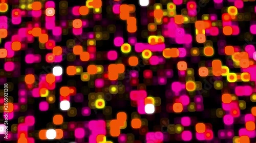 Abstract neon glowing pixel grid background, dynamic digital technology motion pattern in pink and orange