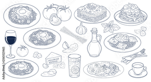 Hand drawn Italian food illustrations of pasta wine and ingredients