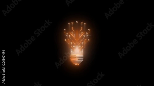 Digital light bulb with circuit board pattern, glowing tech innovation concept, isolated on black technology