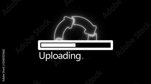 Digital uploading progress bar animation with rotating sync on black background
