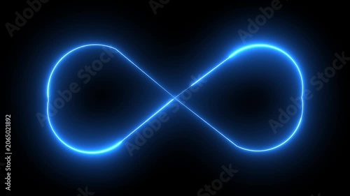 Glowing neon infinity symbol loop, abstract blue light motion on black background