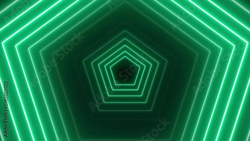 Green neon pentagonal tunnel abstract motion background, glowing geometric shape loop