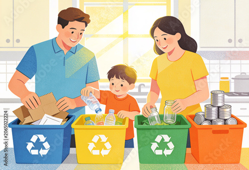 Family sorting recycling together in bright kitchen