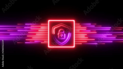 Neon cyber security shield with glowing data streams, digital privacy and network protection concept