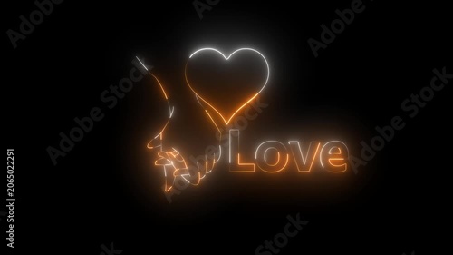 Neon glowing hands holding heart symbol with love text animation on black background