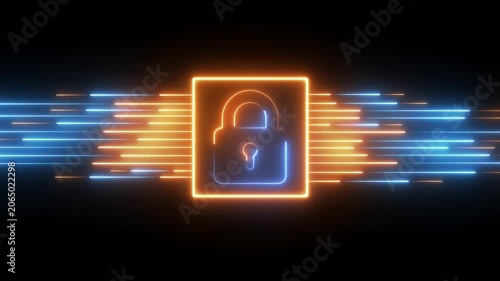 Neon cyber security padlock with digital data stream motion data protection digital security encryption