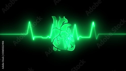 Neon green heartbeat ekg monitor animation on black background, for medical technology, pulse