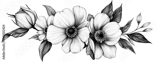 Black and white sketch of a floral arrangement featuring three large flowers, several leaves, and two flower buds on either side.