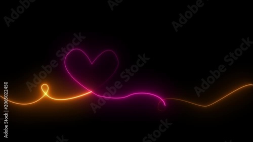 Neon heart line animation, glowing pink and orange abstract love symbol on black background, line abstract