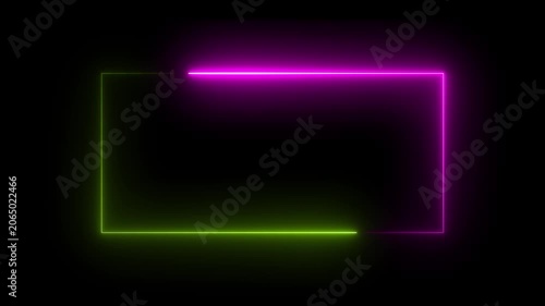 Neon glowing rectangular frame with moving pink and green light border animation rectangle