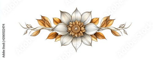 A detailed floral design featuring a large central flower with white petals and golden leaves extending symmetrically on both sides.