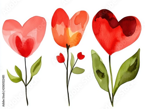 Three watercolor flowers in shades of red and orange with green leaves, each uniquely shaped with an artistic and delicate style.
