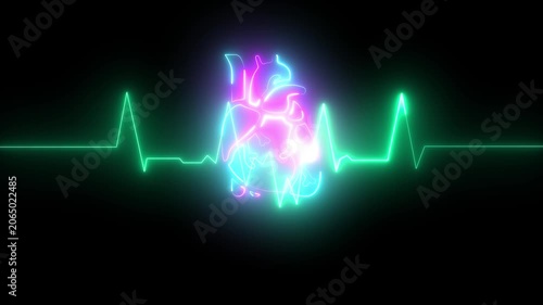 Neon heartbeat ekg monitor animation: glowing medical pulse rhythm on black background, cardiology