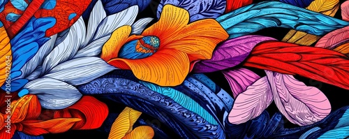 A vibrant, abstract mural features a dynamic blend of colorful feathers and shapes with intricate details, creating an engaging visual flow.