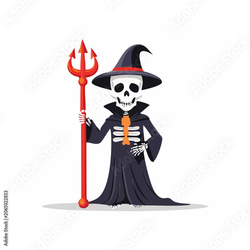 Cartoon skeleton witch with trident and hat