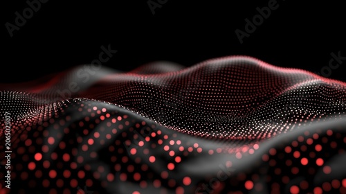 Abstract red glowing dots wave surface on dark background modern digital particle field technology design concept