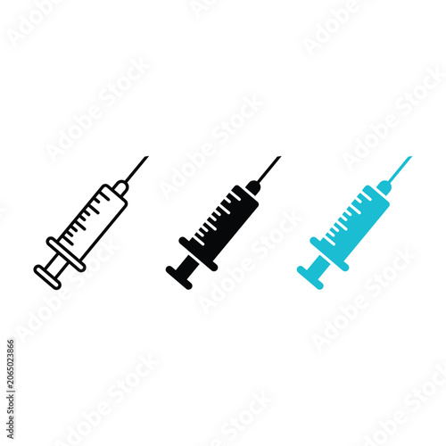 Medical syringe vector icon set in linear solid and flat blue styles with vaccination injection healthcare clinical hospital treatment medicine