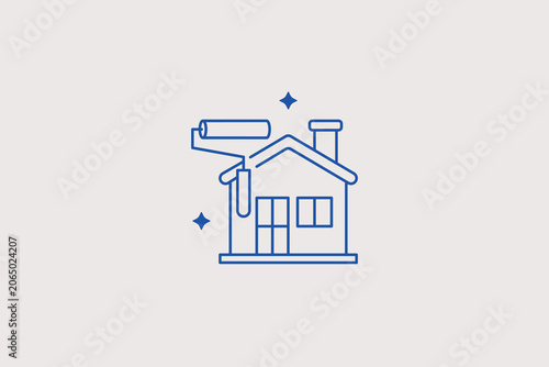 Paint roller applying blue paint to residential house line icon for home renovation service, property exterior painting workshop. Bright vector illustration for maintenance decoration.