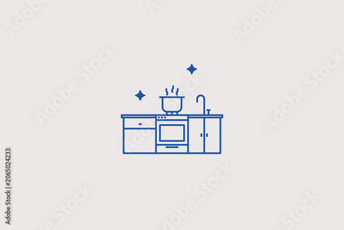 Modular kitchen interior counter with stove and pot line icon for domestic culinary studio, home renovation catalog, furniture store. Cozy vector illustration for interior design.