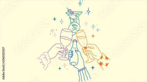 Konstfotografi Colorful Hand-Drawn Illustration of People Toasting with Assorted Alcoholic Drin