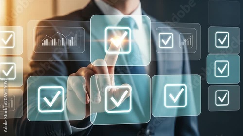 Digital Checklist Task Completion A businessman in a suit is interacting with a futuristic digital interface checking off items on a series of virtual checklists with a glowing fingertip