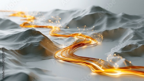 Abstract white topography intersected by luminous orange digital streams and glowing plexus network nodes for artificial intelligence and cyber connectivity themes