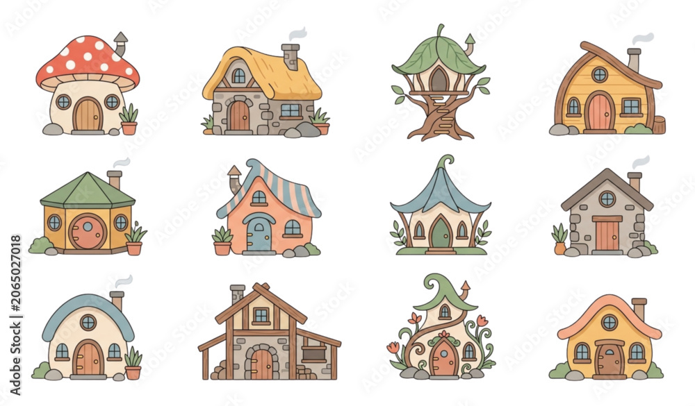 Naklejka premium Whimsical cartoon houses and treehouses