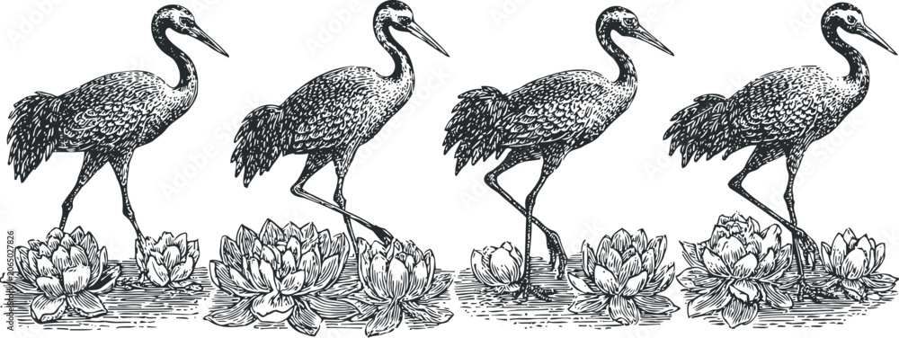 Fototapeta premium crane birds walking among lotus flowers vintage set hand drawn illustration