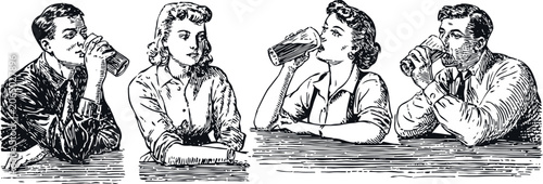 vintage illustration of four people drinking beer at a bar counter