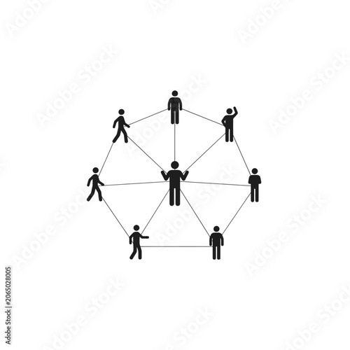 Stick figure network with connecting lines on a white background