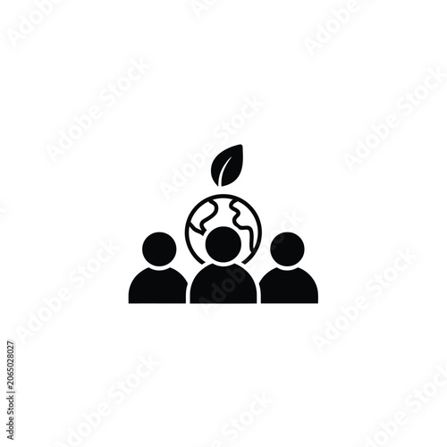 People Surrounding Globe With Leaf Black Silhouette Vector Illustration